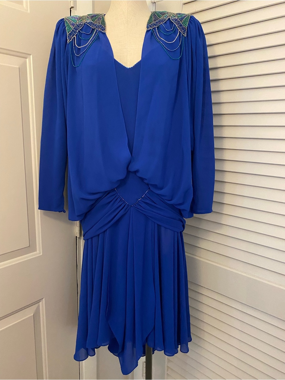 Vintage 1980’s “Casadei” Royal Blue Beaded Shoulder Draped Dress- Size 6